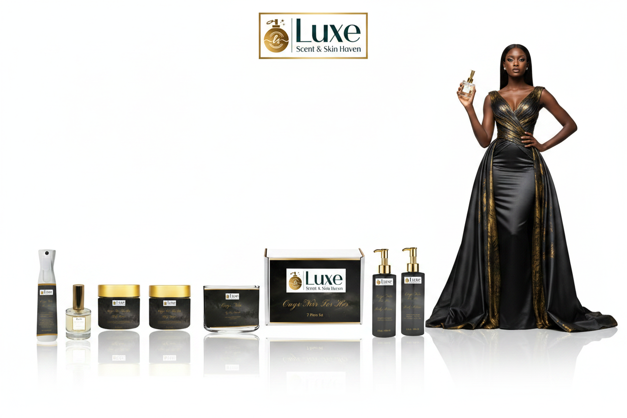 Onyx Noir For Her — 7-Piece Straight Line Lineup, Black Female Model Charcoal Gold Gown Right