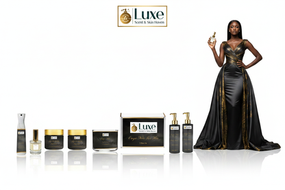 Onyx Noir For Her — 7-Piece Straight Line Lineup, Black Female Model Charcoal Gold Gown Right