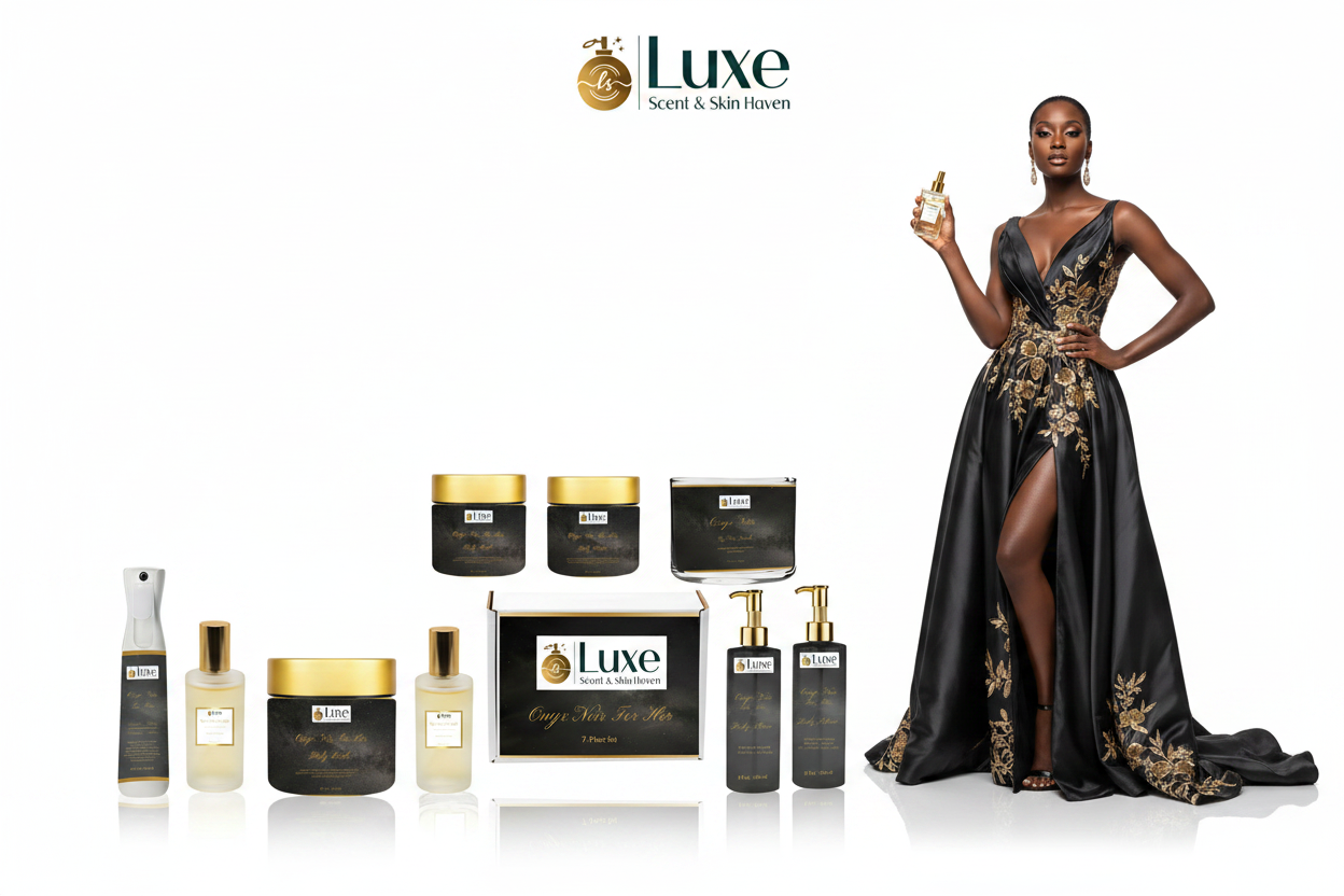 Onyx Noir For Her — 7-Piece Straight Line Lineup, Black Female Model Charcoal Gold Gown Right