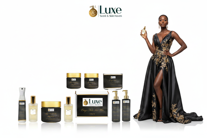 Onyx Noir For Her — 7-Piece Straight Line Lineup, Black Female Model Charcoal Gold Gown Right