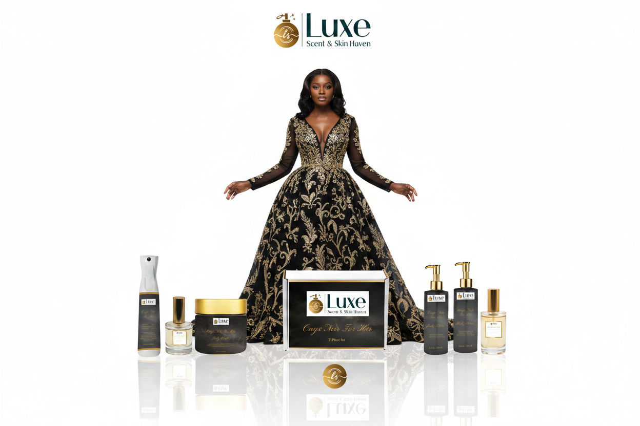 Onyx Noir For Her — 8-Piece Straight Line, Black Female Model Charcoal Gold Gown Centered Arms Open