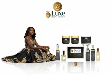Onyx Noir For Her — 8-Piece Straight Line, Black Female Model Charcoal Gold Gown Seated Left