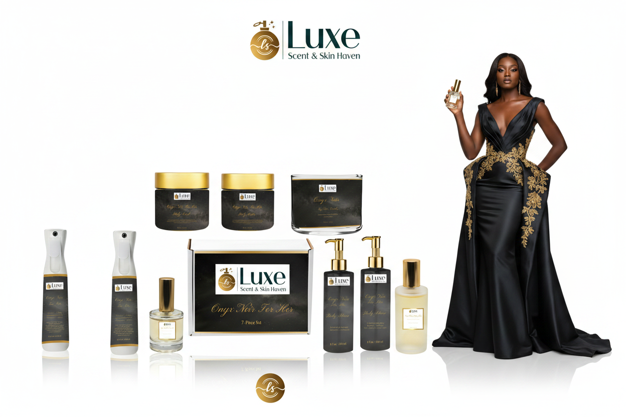 Onyx Noir For Her — 8-Piece Straight Line Lineup, Black Female Model Charcoal Gold Gown Right