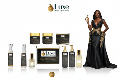 Onyx Noir For Her — 8-Piece Straight Line Lineup, Black Female Model Charcoal Gold Gown Right