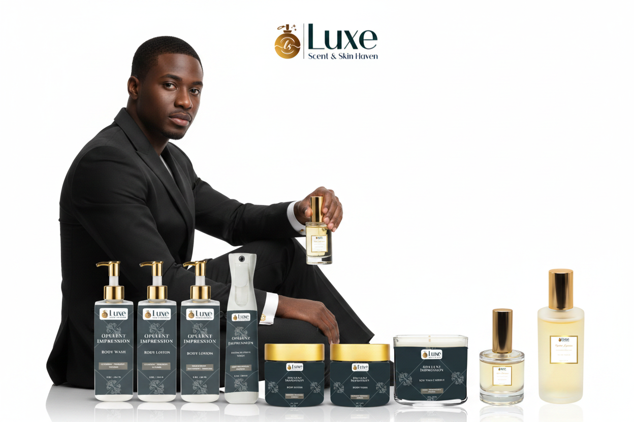 Opulent Impression — 8-Piece Lineup, Black Male Model Seated Left