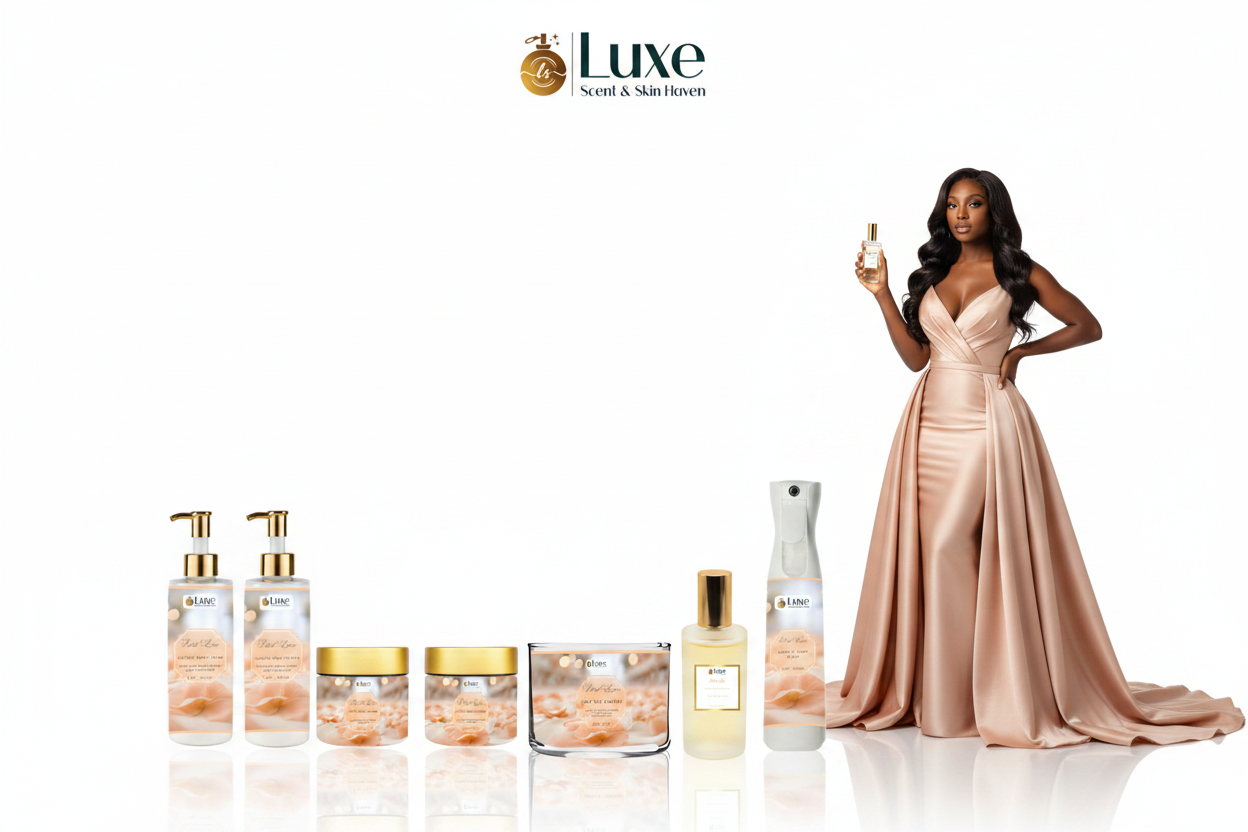 Petal Luxe — 7-Piece Lineup, Black Model Blush Peach Gown Right