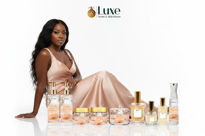 Petal Luxe — Full 9-Piece Lineup, Black Model Seated Left