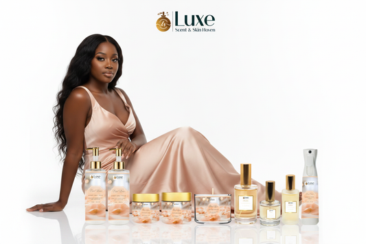 Petal Luxe — Full 9-Piece Lineup, Black Model Seated Left