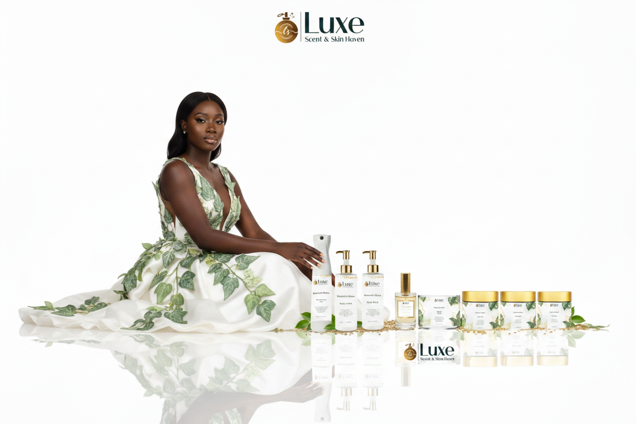Romantic Grove — 7-Piece Lineup, Black Female Model White Sage Green Botanical Gown Seated Left