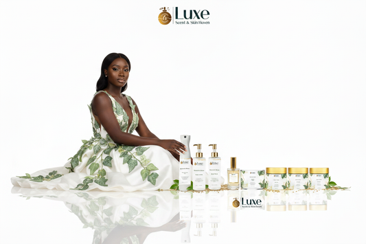 Romantic Grove — 7-Piece Lineup, Black Female Model White Sage Green Botanical Gown Seated Left