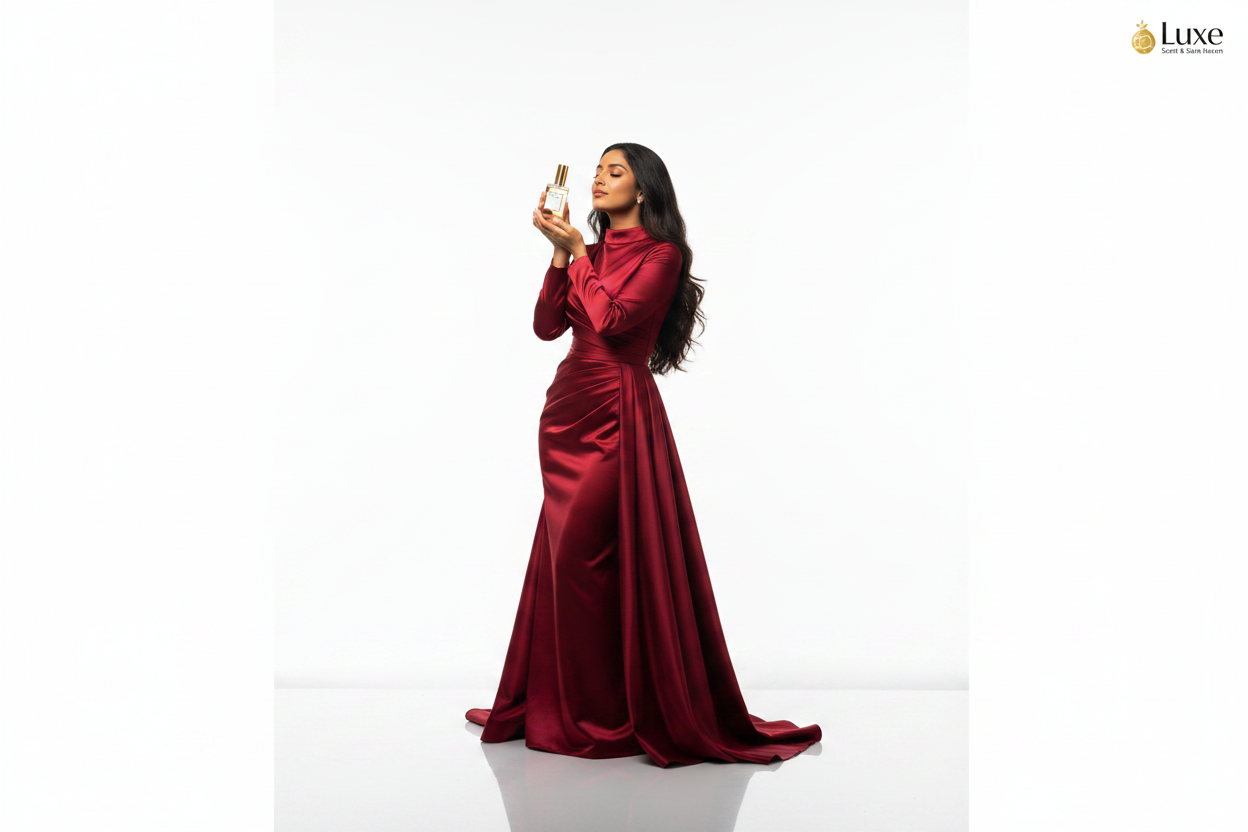 Ruby Reverie — Single Bottle, South Asian Model Red Gown