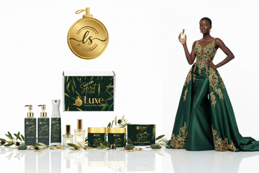 Safari Spirit For Her — 7-Piece Lineup, Black Female Model Forest Green Gold Gown Right, Clean White Background