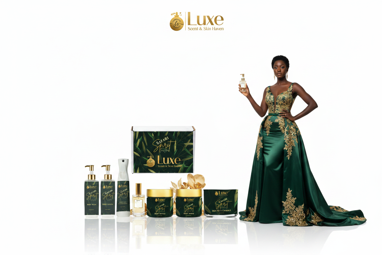 Safari Spirit For Her — 7-Piece Lineup, Black Female Model Forest Green Gold Gown Right, No Props