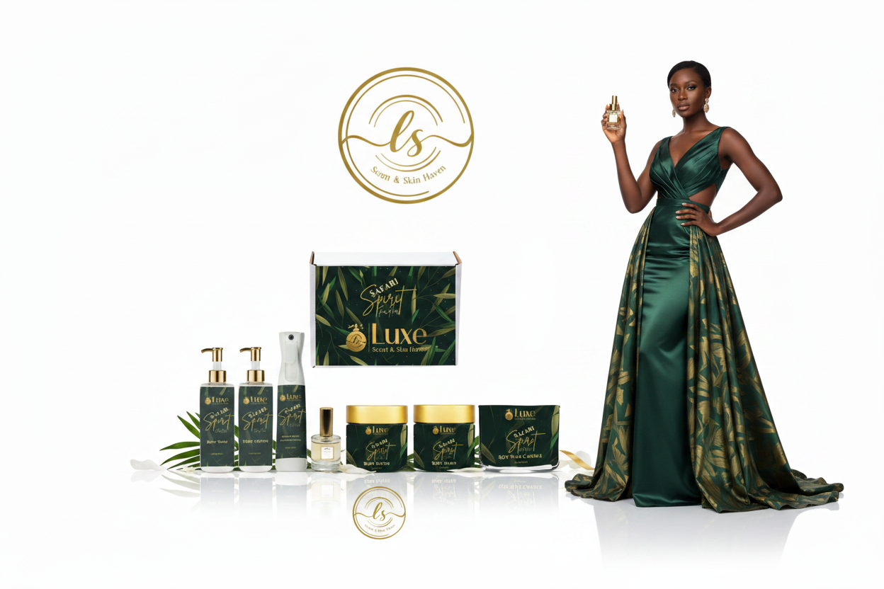 Safari Spirit For Her — 7-Piece Lineup, Black Female Model Forest Green Gold Gown Right