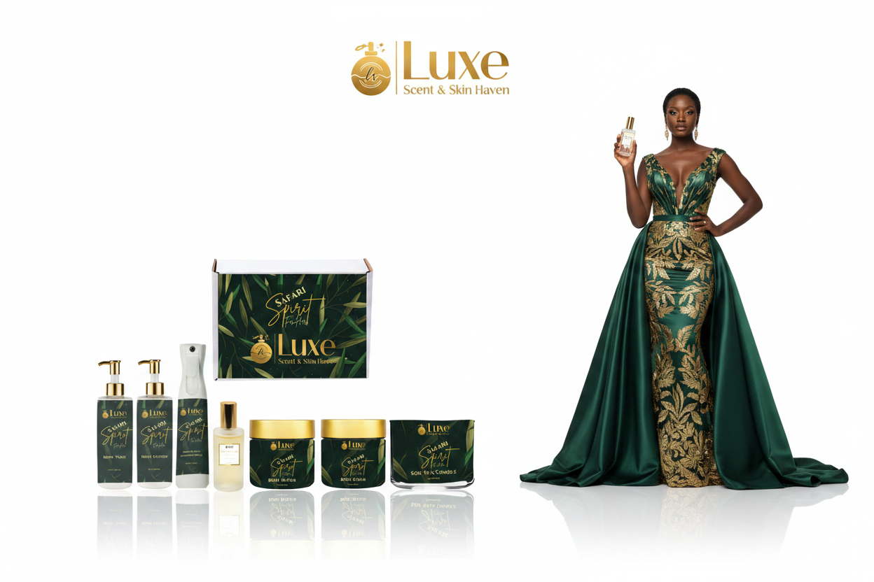 Safari Spirit For Her — 8-Piece Lineup, Black Female Model Forest Green Gold Gown Right