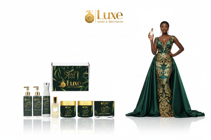 Safari Spirit For Her — 8-Piece Lineup, Black Female Model Forest Green Gold Gown Right