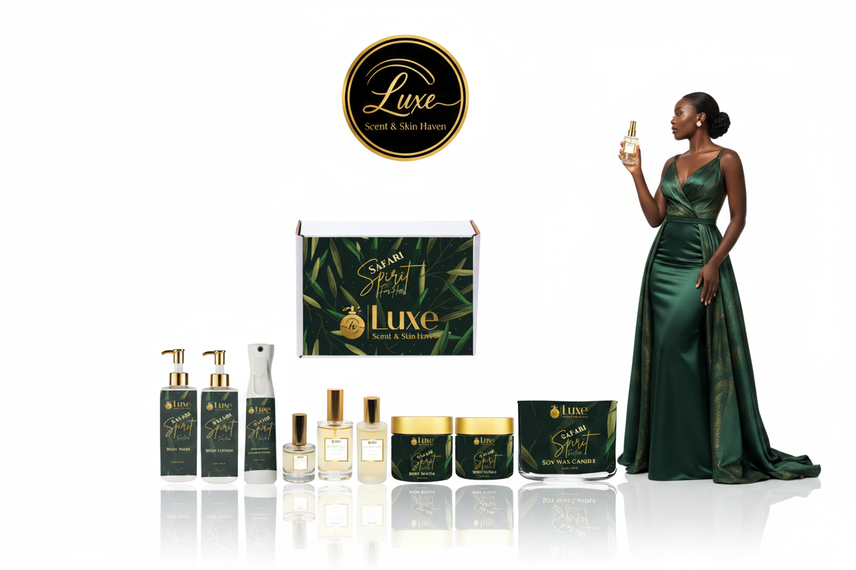 Safari Spirit For Her — 9-Piece Lineup, Black Female Model Forest Green Gold Gown Right