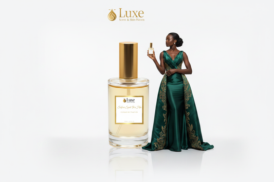 Safari Spirit For Her — Single Parfum Bottle, Label Prominent, Black Female Model Forest Green Gold Gown Right