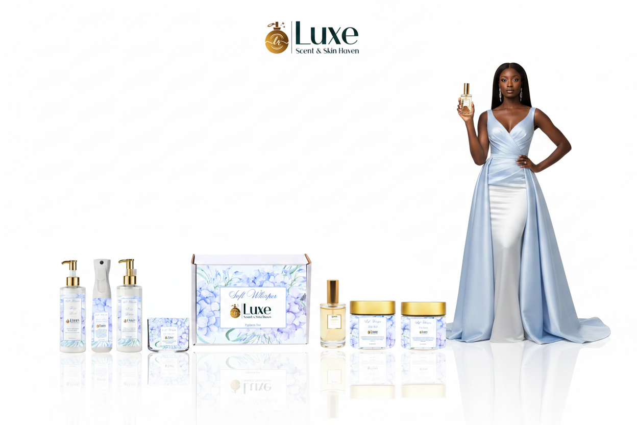 Soft Whisper — 7-Piece Extrait de Parfum, Black Female Model Powder Blue White Gown Right, Pure White Background