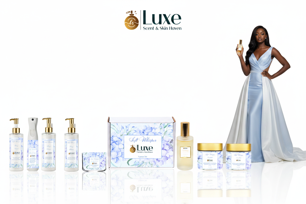 Soft Whisper — 7-Piece Straight Line, Black Female Model Powder Blue White Gown Right, Pure White Background
