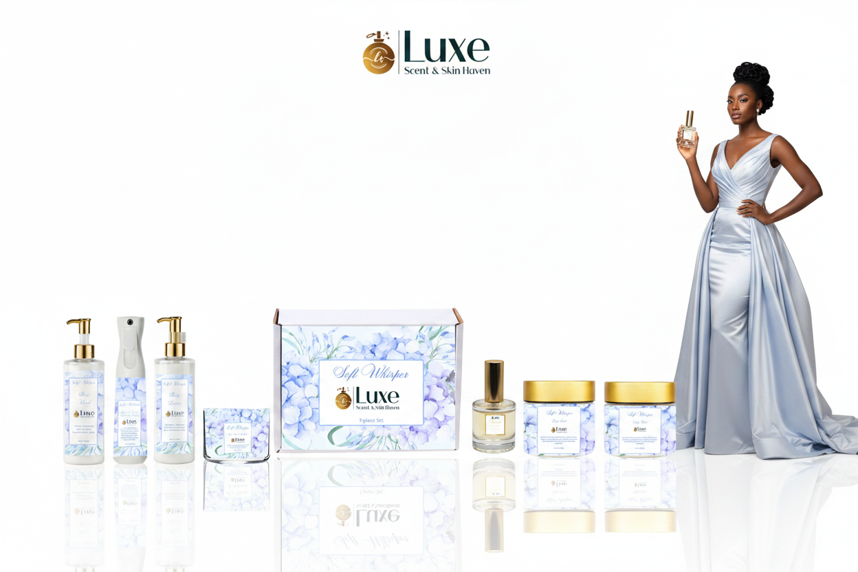 Soft Whisper — 7-Piece Straight Line, Black Female Model Powder Blue White Gown Right, Pure White Background