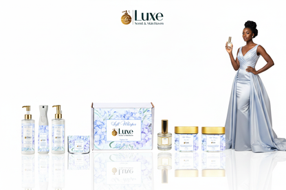 Soft Whisper — 7-Piece Straight Line, Black Female Model Powder Blue White Gown Right, Pure White Background