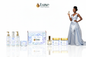 Soft Whisper — 7-Piece Straight Line, Black Female Model Powder Blue White Gown Right, Pure White Background