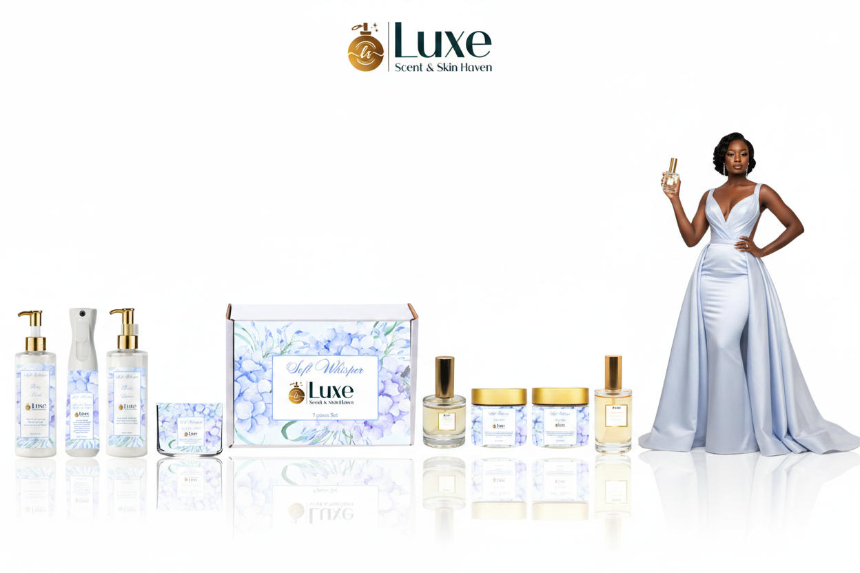 Soft Whisper — 8-Piece Straight Line, Black Female Model Powder Blue White Gown Right, Pure White Background