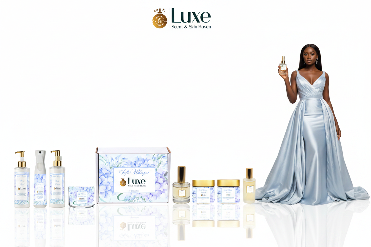 Soft Whisper — 8-Piece Straight Line with Roll-On, Black Female Model Powder Blue White Gown Right