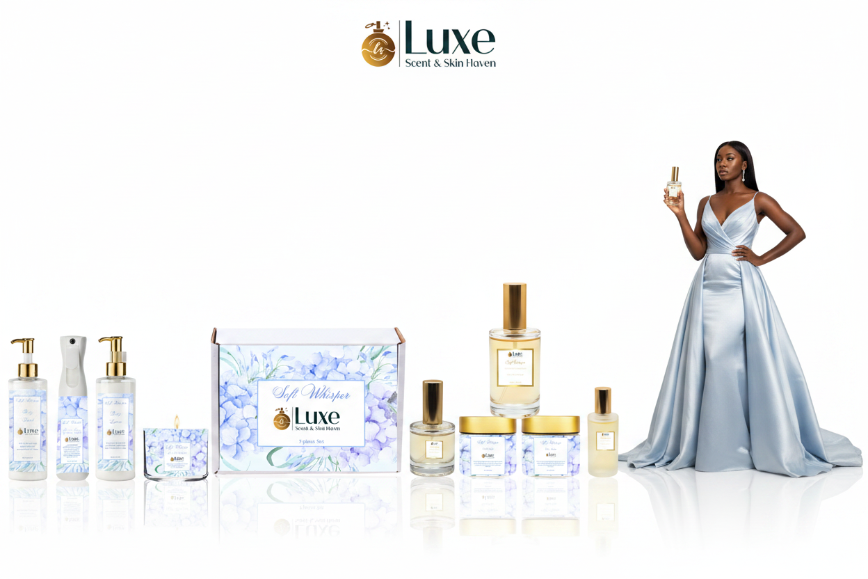 Soft Whisper — 9-Piece Straight Line, Black Female Model Powder Blue White Gown Right, Pure White Background