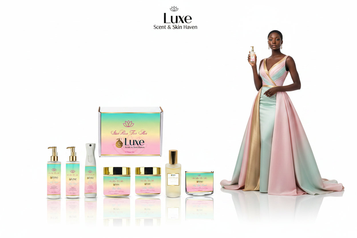 Star Rose For Her — 7-Piece Lineup Pure White Background, Black Female Model Pastel Pink Mint Gold Gown Right