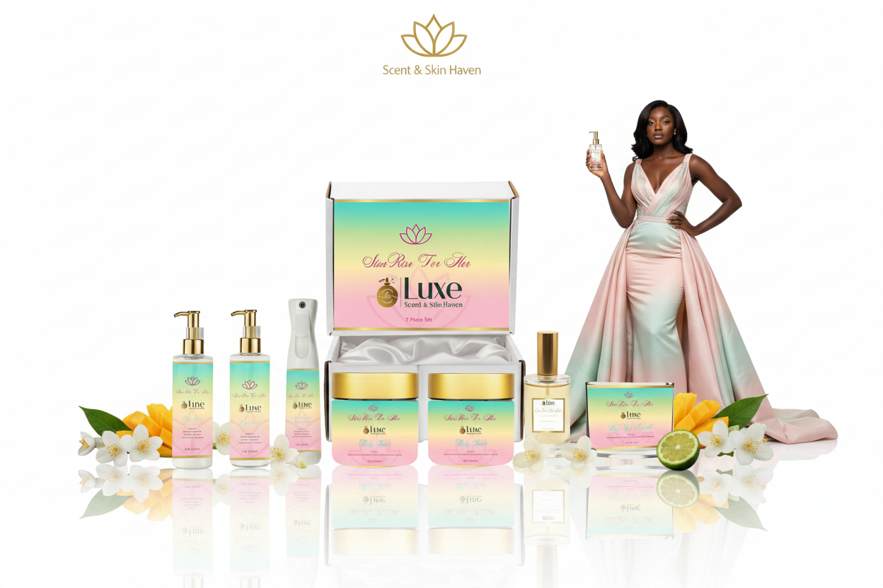 Star Rose For Her — 7-Piece Open Gift Box, Black Female Model Pastel Pink Mint Gold Gown Right, Pure White Background