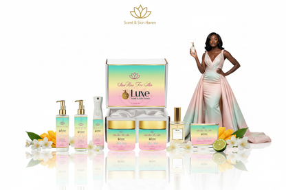 Star Rose For Her — 7-Piece Open Gift Box, Black Female Model Pastel Pink Mint Gold Gown Right, Pure White Background