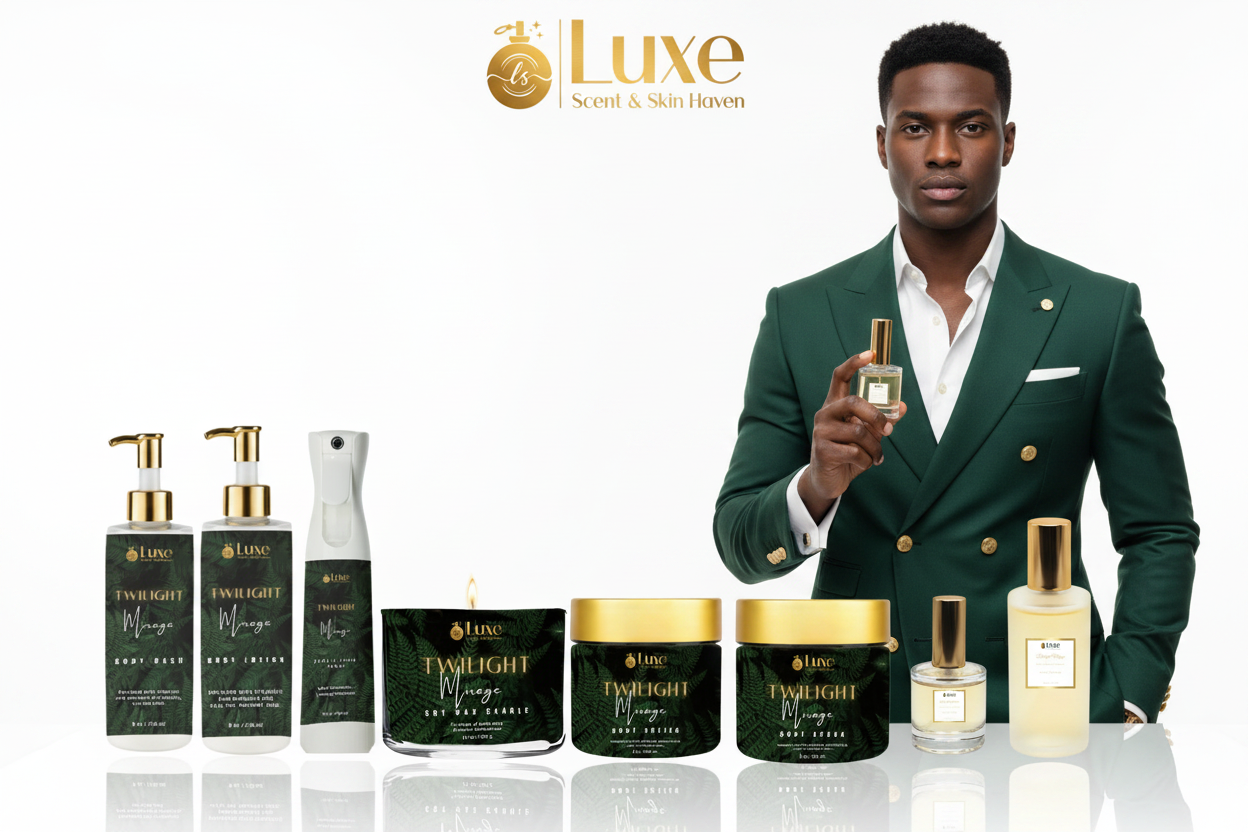 Twilight Mirage — 8-Piece Lineup, Black Male Model Forest Green Suit Right