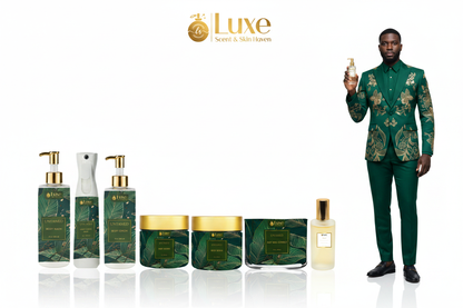 Untamed — 7-Piece Lineup, Black Male Model Forest Green Gold Suit Right