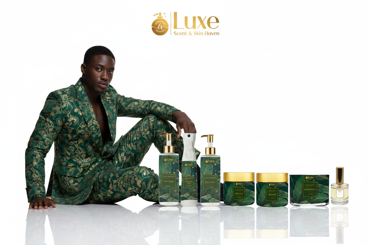 Untamed — 7-Piece Lineup, Black Male Model Forest Green Gold Suit Seated Left — Redo