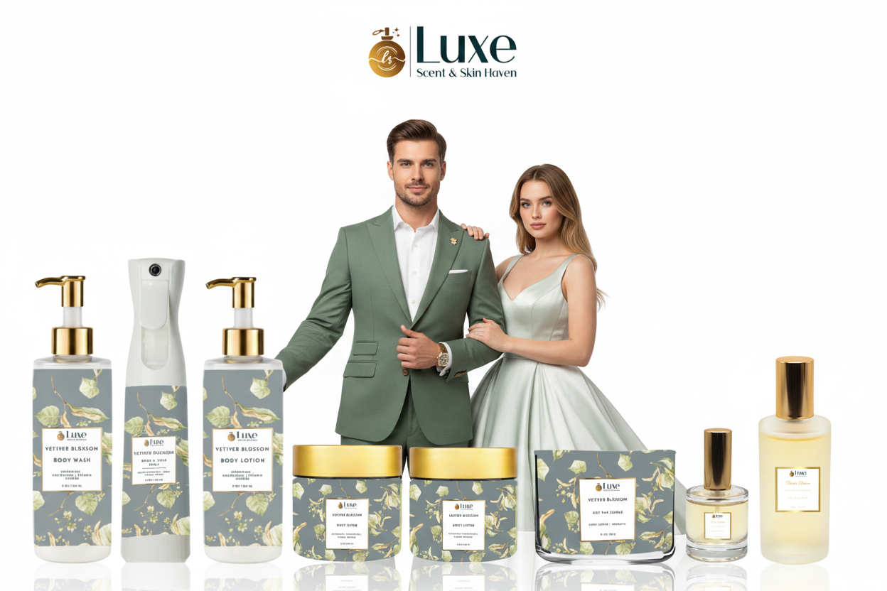 Vetiver Blossom — 8-Piece Lineup, Caucasian Male & Female Couple Centered