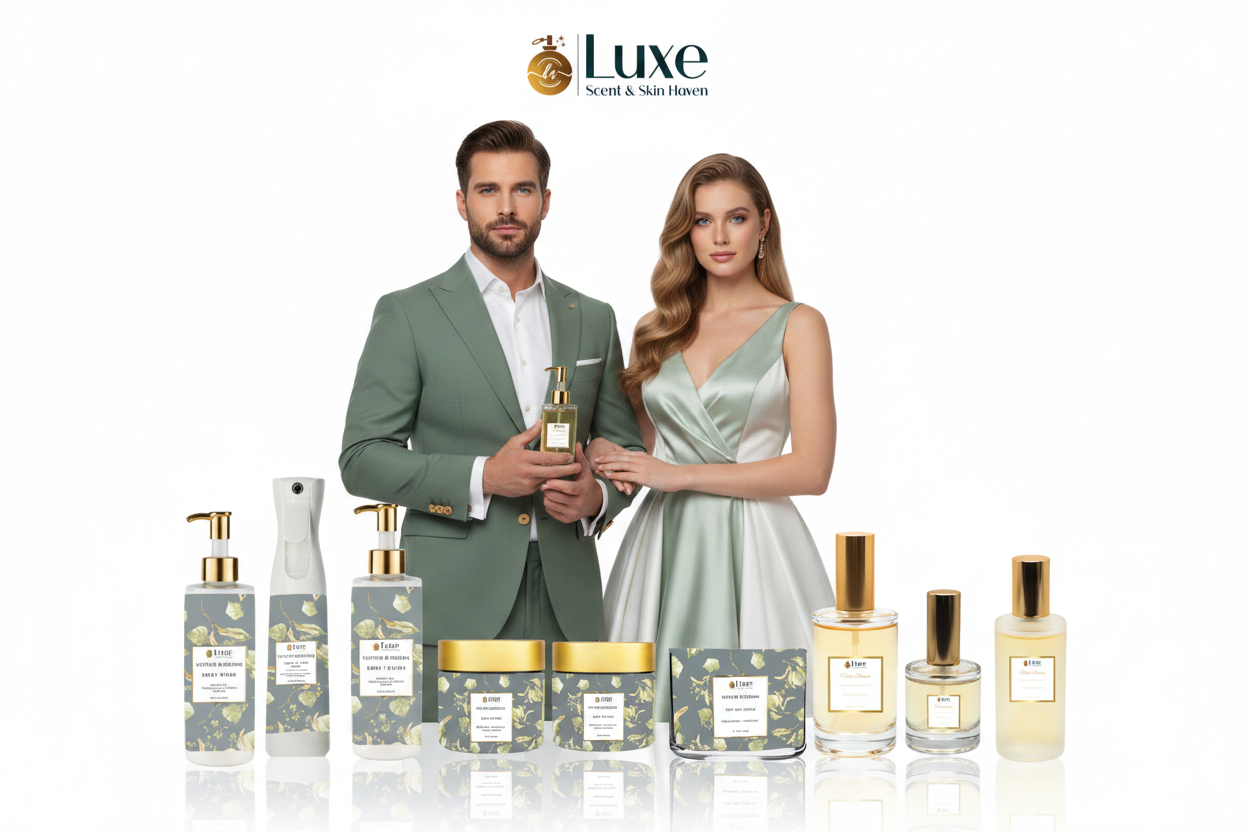 Vetiver Blossom — 9-Piece Lineup, Caucasian Male & Female Couple Sage Green