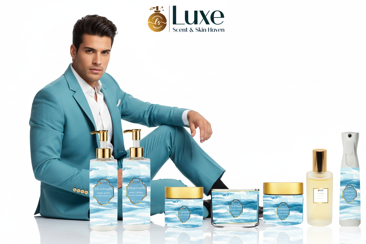 Vivid Depth — 7-Piece Lineup, Latino Male Model Seated Left