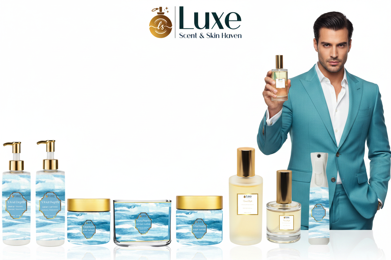 Vivid Depth — 8-Piece Lineup, Latino Male Model Ocean Blue Suit Right